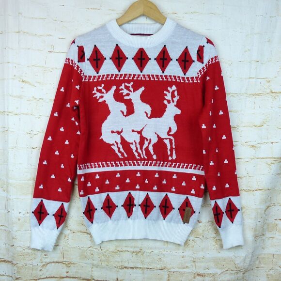 Tipsy Elves Ugly Christmas Sweater Mens S Red White Reindeer Menage A Trois Hump